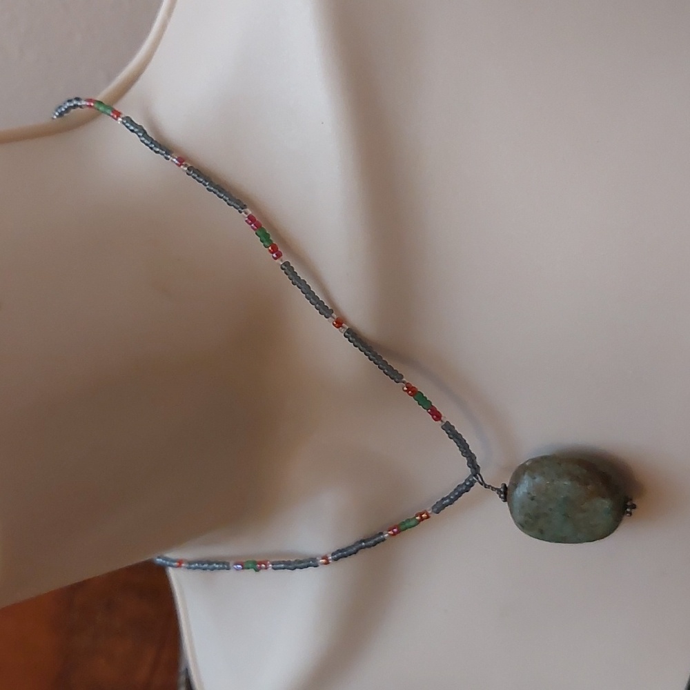 Artisan Green Chrysocolla Pendant Beaded Choker Necklace Sterling Silver Accent - Picture 2 of 6